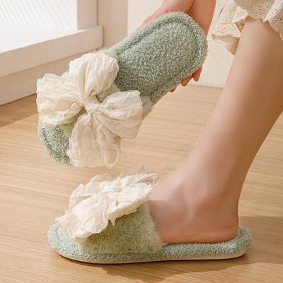Bow Opening Cotton Slippers, Fuzzy Slippers, Home Cotton Slippers, Indoor Plush Slippers