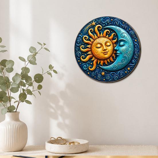 Indoor And Outdoor Wall Decor Sun Moon Art, 8Inch Round Metal Sign, Exotic Home Decoration Boho for Living Room Bedroom Entrance
