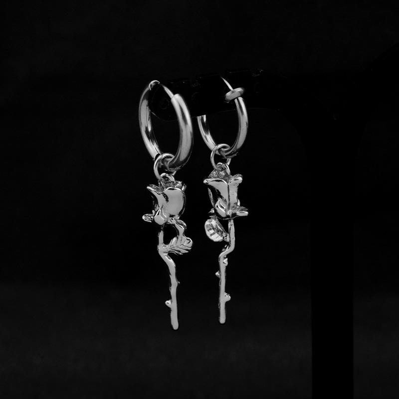 Snake Rose Flower Cross Dangle Hoops Earrings Silver Color Vintage Punk Stainless Steel Earrings For Women Men Jewelry Piercing