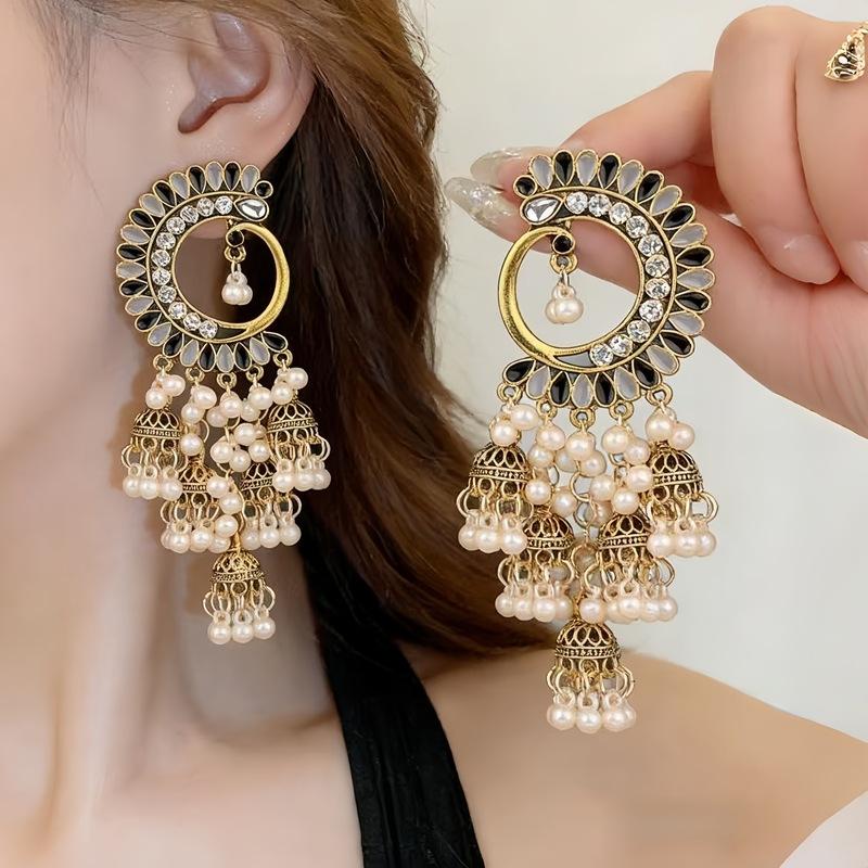 Retro Peacock Luxury Ethnic Style Personality Exaggerated Earrings Pearl Bell Fringed Earrings Women