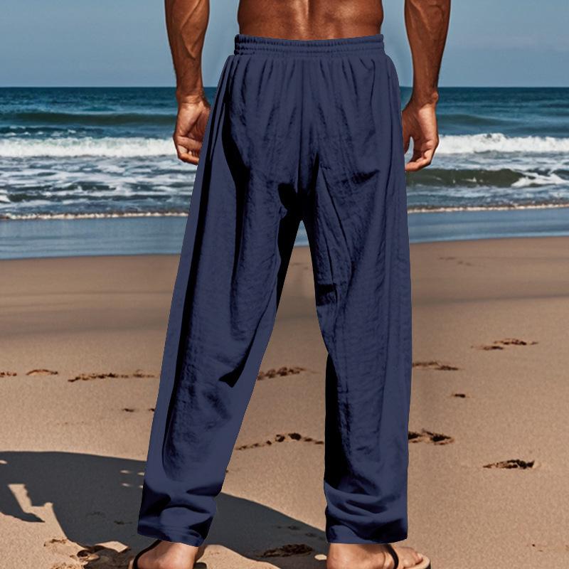 Men's Casual American Style Solid Linen Drawstring Button Straight Leg Pants for Spring and Autumn