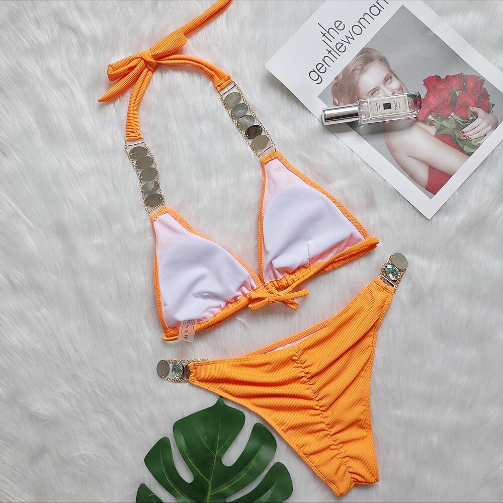 Maillot de bain bikini uni à bretelles fendues et diamants