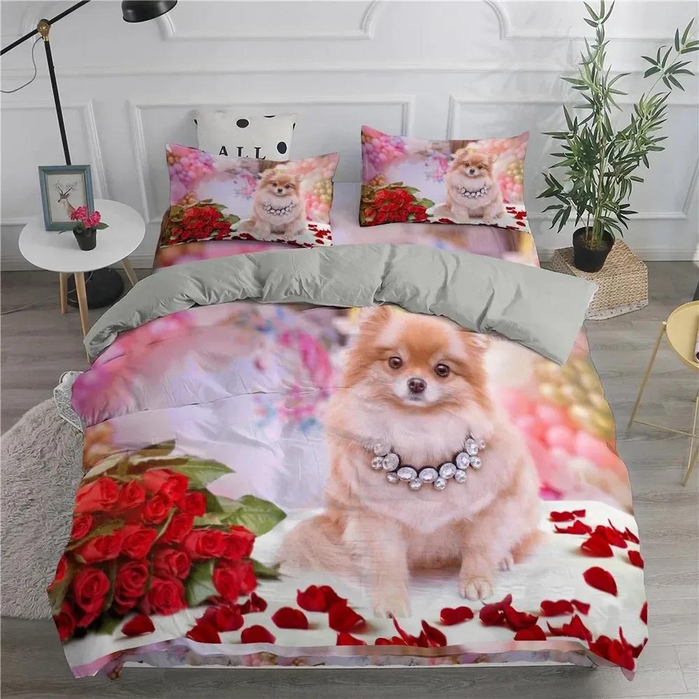 Topp Pomeranian Hund Kung Drottning Påslakan Valp Sängkläder Set För Tonåringar Vuxna Husdjur Djur Färgglad Himmel Polyester Täcke
