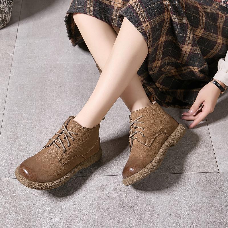 New Style Shoes: Retro Lace-up Boots, Round-toed Flat Ankle Boots, Soft Leather and Fleece Boots, Women's Shoes