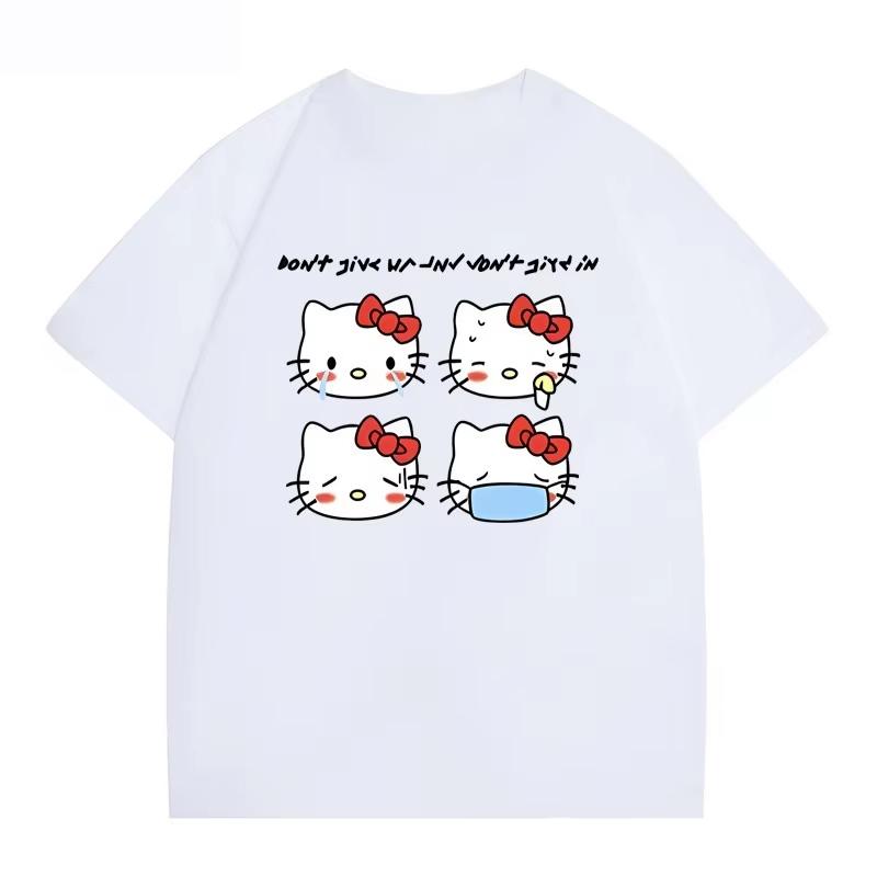 

2026 Summer HelloKitty Cartoon Graphic Tee Casual Short Sleeve Cotton Tops for Adults Kids Lovely Kawaii Streetwear Style S