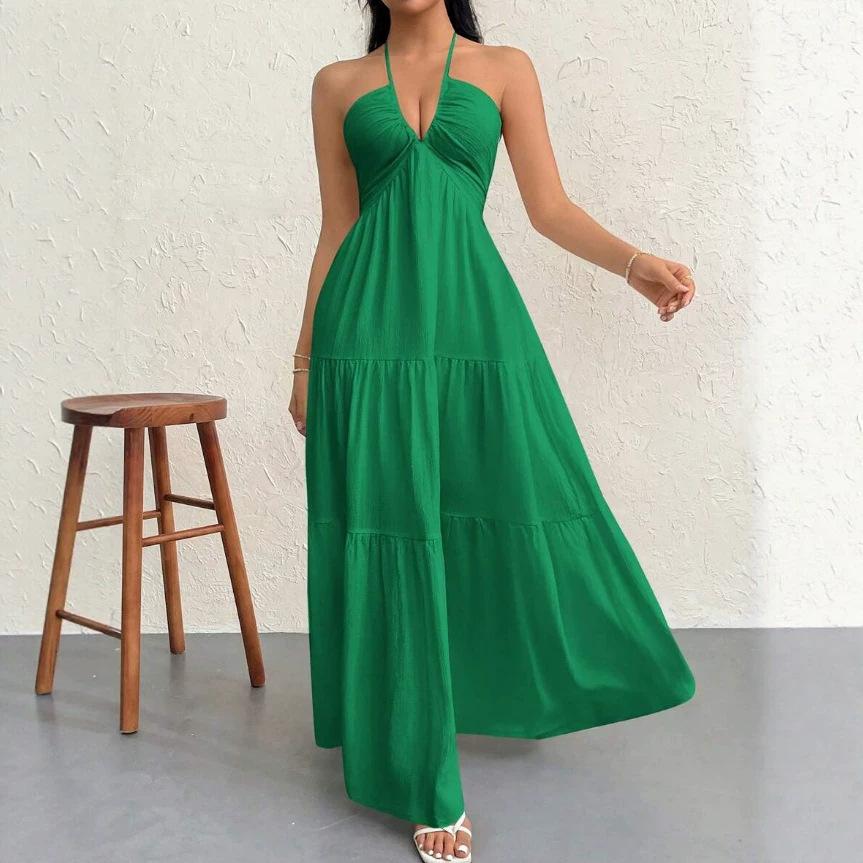 European and American Summer New Splicing French Skirt Sexy V-neck Seaside Vacation Suspender Dress Women