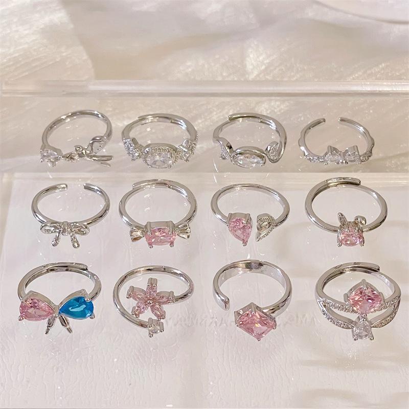Color Diamond Open Ring Bow Flower Niche Design Elegant Light Luxury Cute Pink Zircon Personality Ring Woman
