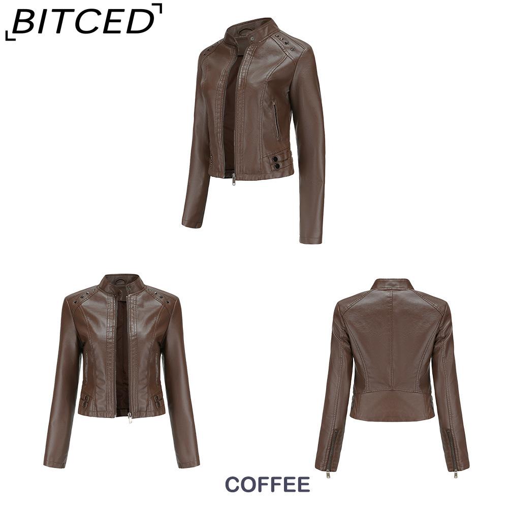 BITCED Women's Studded Leather Jacket Spring/Autumn Long-Sleeved Stand-Collar Fashion Jacket