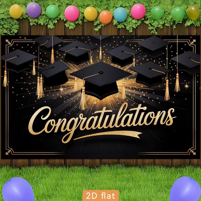 Fondo de Fotografía de Graduación 2D Fondo Negro con Birretes Dorados y Confeti