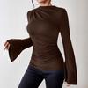 Autumn and Winter New Versatile Pleated Design Flared Sleeve Stand-up Collar Slim T-shirt