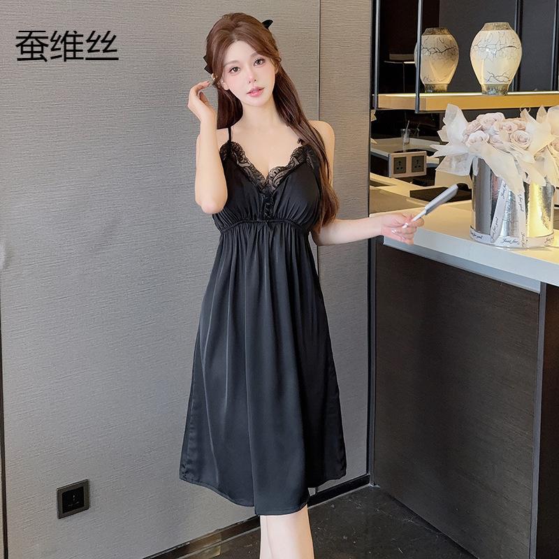 New Ice Silk Suspender Nightgown Nightdress Women's Lace Butterfly Long Palace Breathable Home Silkworm Silk