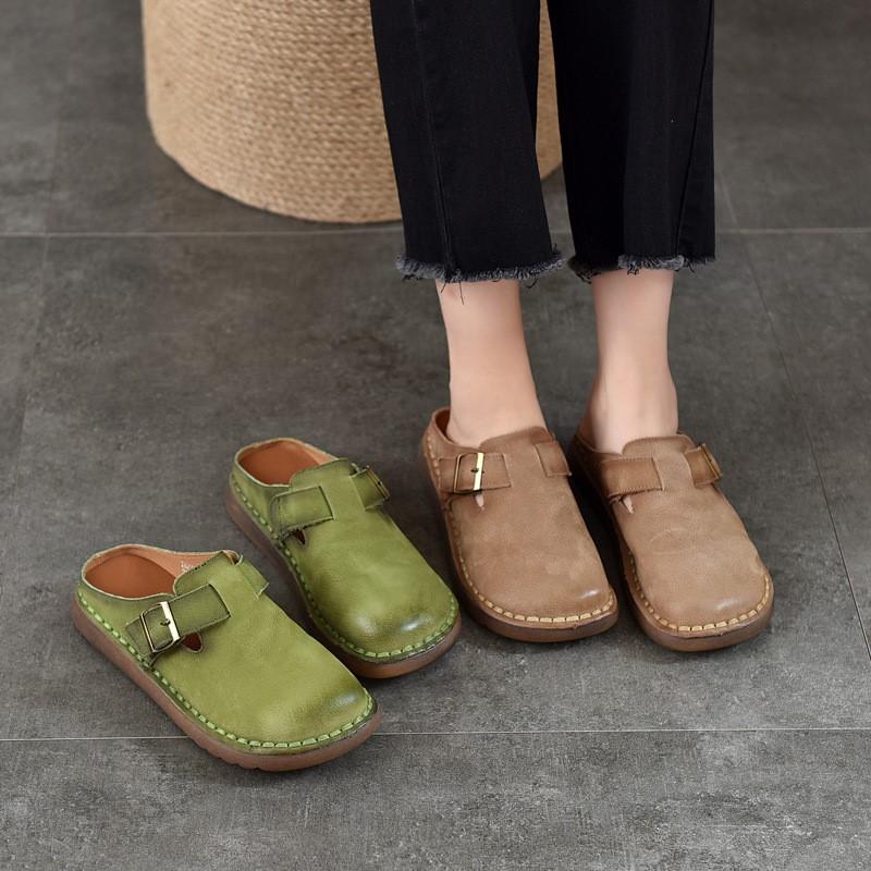 Johnature Retro Dámské venkovní pantofle z pravé kůže Všestranné pantofle z hovězí kůže s měkkou podrážkou