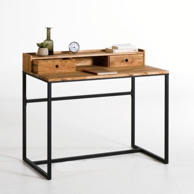Vintage Solid Wood & Wrought Iron Laptop Desk with Drawers