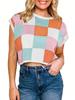Women's Color Block Cropped Knit Top Cap Sleeve Crew Neck Summer Short Sweater