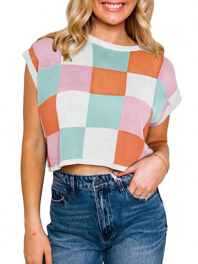 Women's Color Block Cropped Knit Top Cap Sleeve Crew Neck Summer Short Sweater