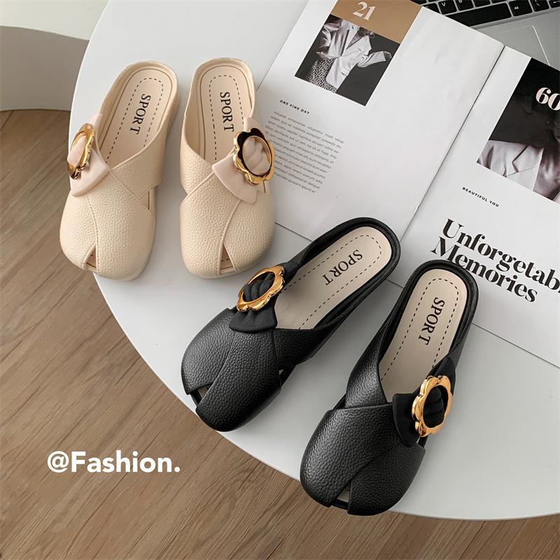 Fashion Women Mules 2025 Summer Elegant Square Closed Toe Flat Slippers Female Shoes Casual Leather Black White Slides Plus Size