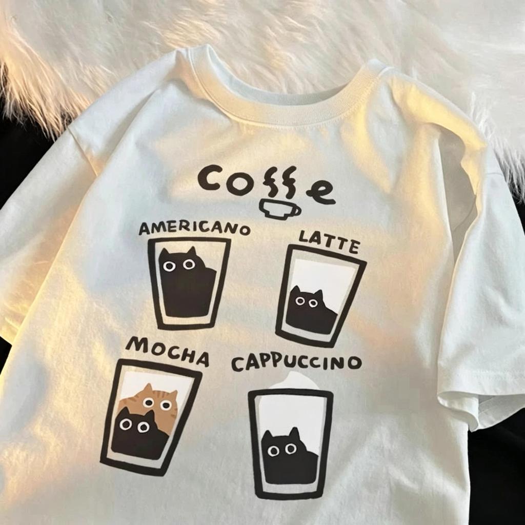 Summer Japanese Cute Cup Cat Print Unisex And Unisex Universal ShortSleeved TShirt Casual LargeSize Top