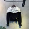 C S In The Room Women Swan Ribbed Knit Layered Long Sleeve Collar blouSe 2ColorS