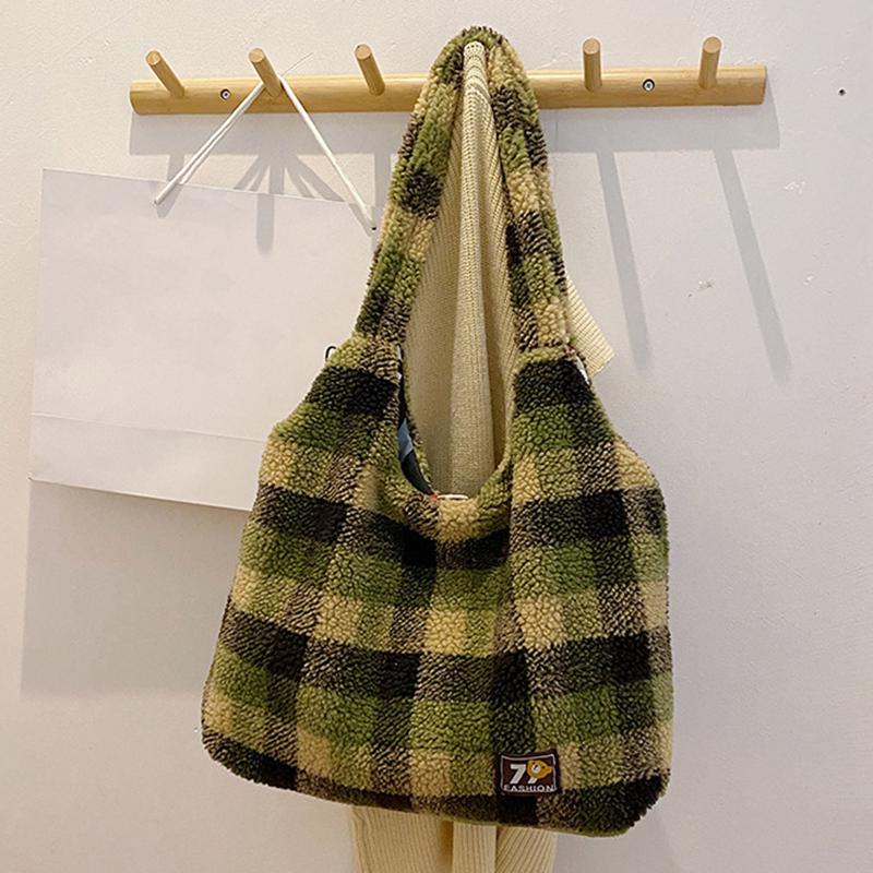 

Yogodlns Женская ретро-сумка из овечьей шерсти, милая пушистая сумочка, плюшевая сумка через плечо, рабочая сумка-тоут для покупок, работы, повседневного использования 40x9x44cm зелёный