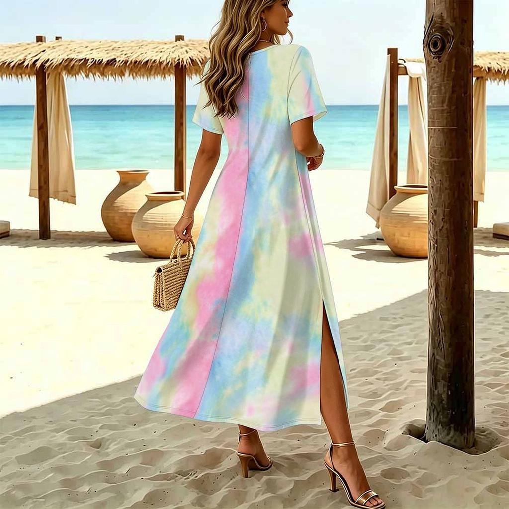 Women Fashion Round Neck Tie-dye Pattern Printed Short Sleeve Side Slit Dress Casual Vacation Dress Long Loose Dress