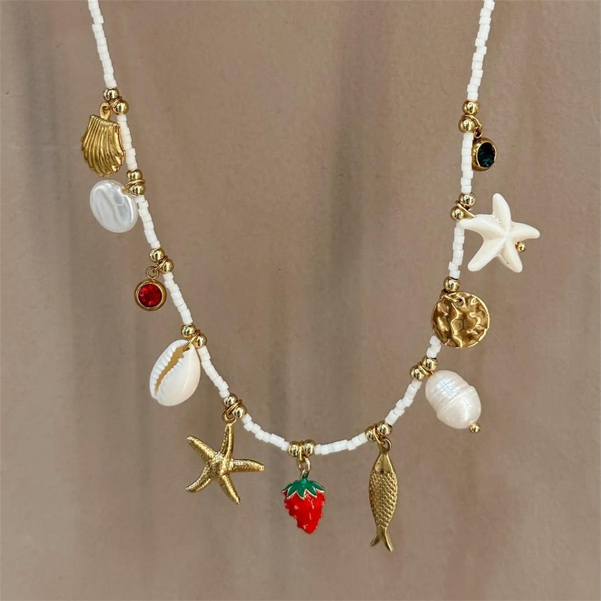 Bohemian Beach Shell Necklace Imitation Pearl Sea Star Conch Pendant Necklace Jewelry Gold Plated Color Preserved 40cm