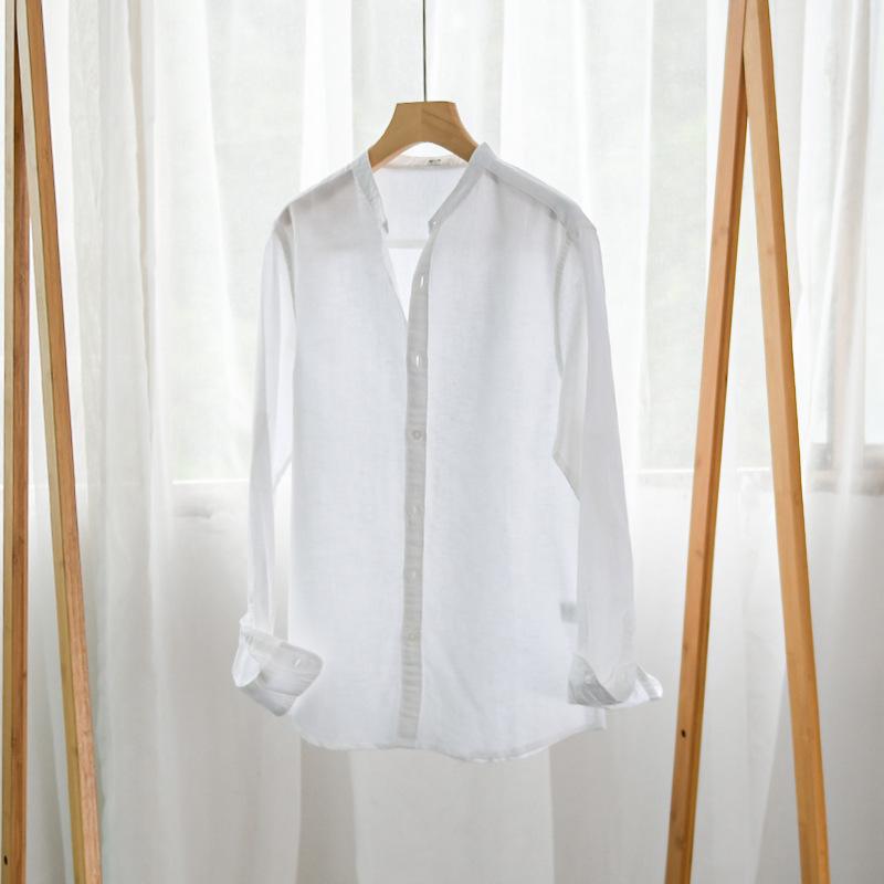 

Льняная мужская рубашка на весну и лето со стойкой воротником, с длинным рукавом, модная, хлопково-льняная рубашка для мужчин, винтажные рубашки для отпуска S белый