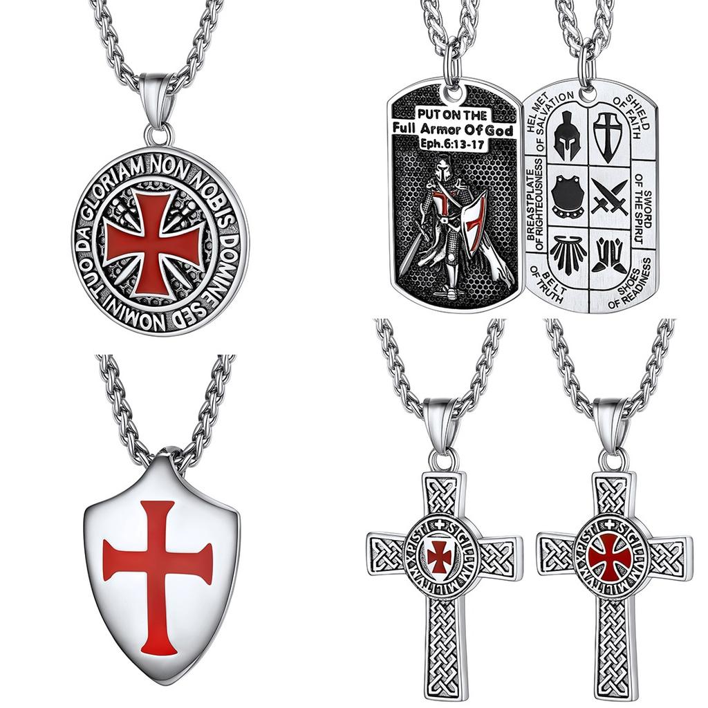 U7 Templer Halsketten aus Edelstahl für Herren Ritterkreuz Schild Anhänger 3D Geprägtes Amulett Symbol Christlicher Unisex Schmuck Geschenk