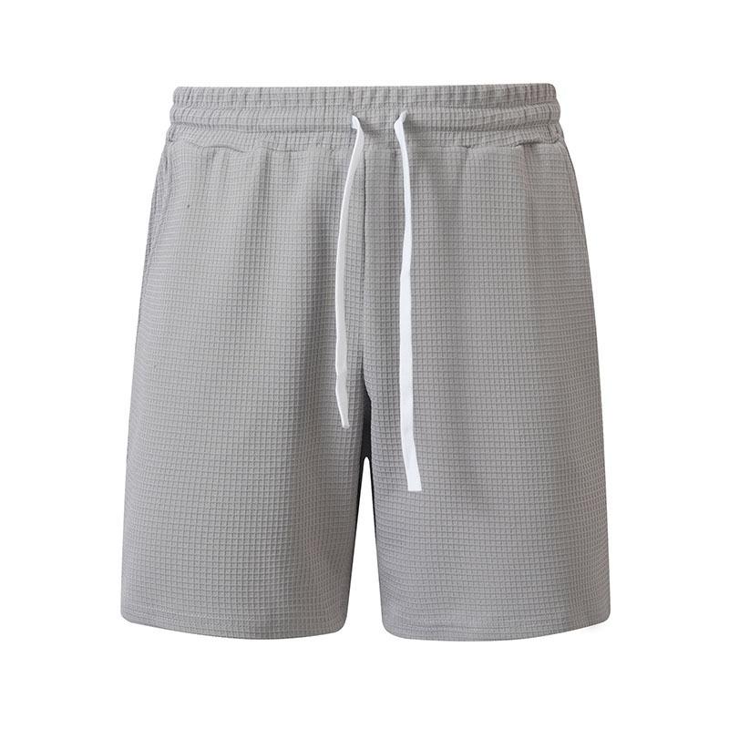 Mens Solid Color Waffle Drawstring Pockets Casual Straight Summer Shorts