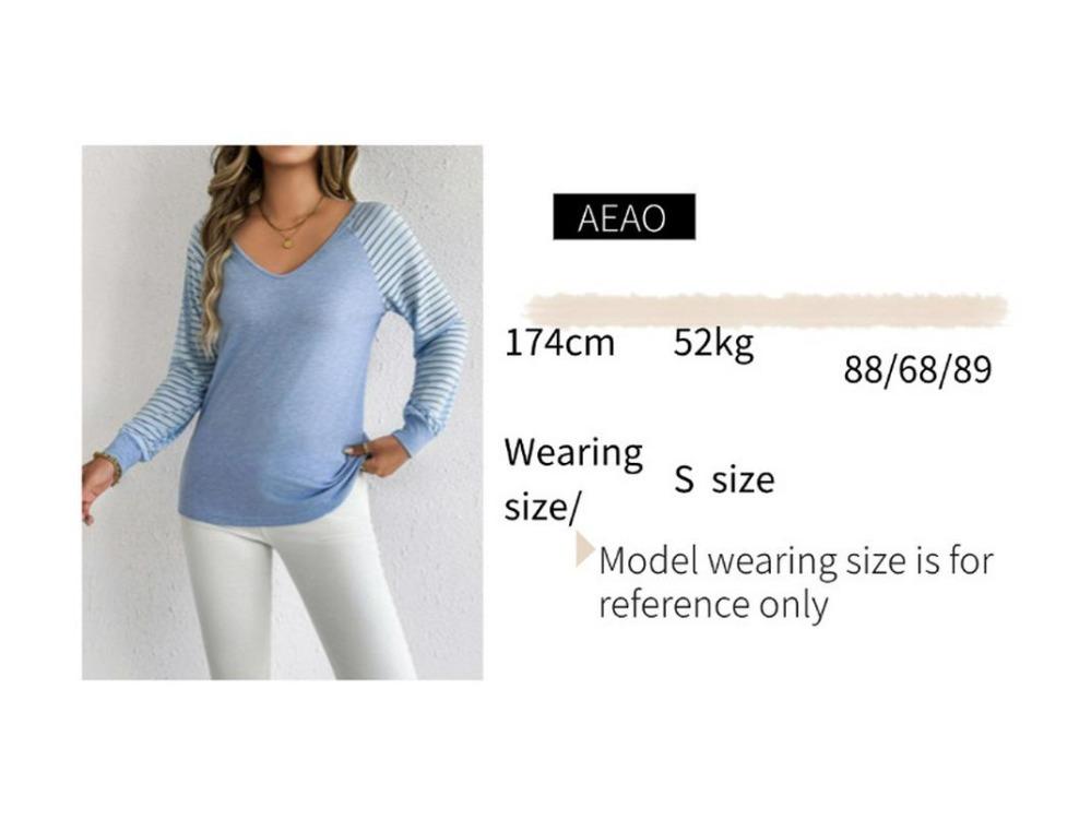 Women Casual Fashion Loose Fit Large Size Long Sleeve V Neck Striped Top Spring Autumn