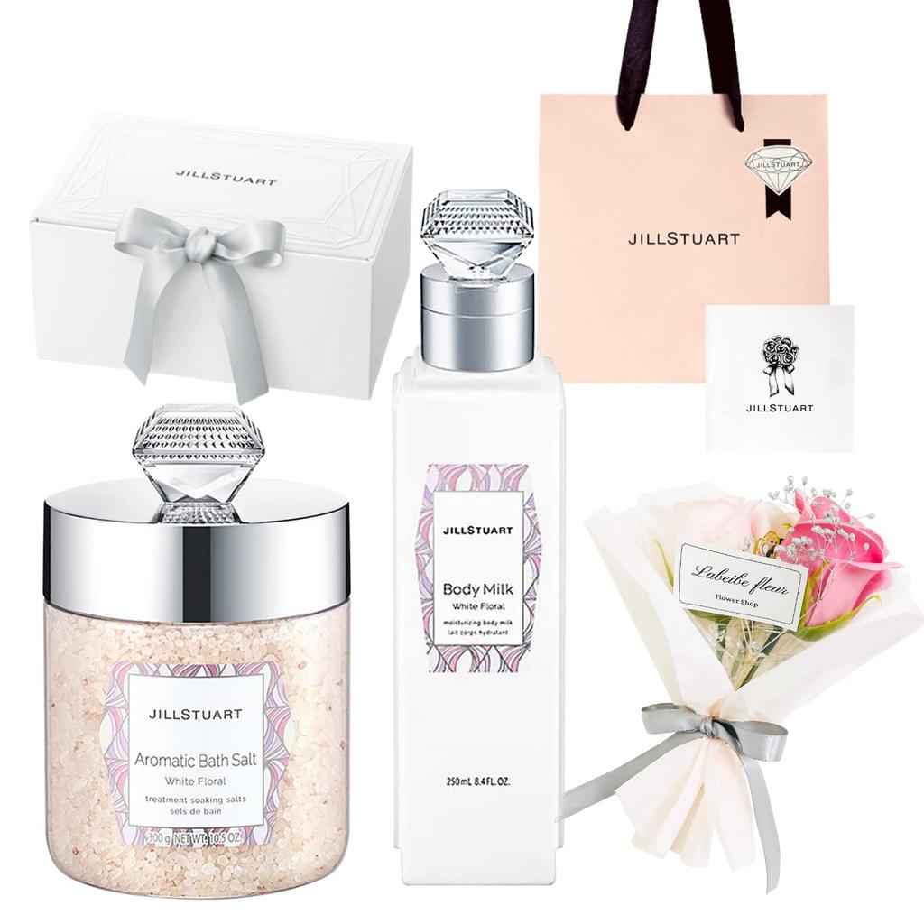 Coffret cadeau JILL STUART Sel de bain aromatique Lait corporel aux fleurs blanches Coffret cadeau soins du corps Mini bouquet de messages et [Coffret cadeau, cabas, carte, inclus]