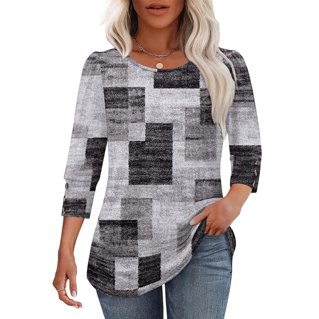 Women's Casual Loose Fit Top Three Quarter Sleeve Crew Neck Blouse Button Detail Lightweight Comfortable Fabric