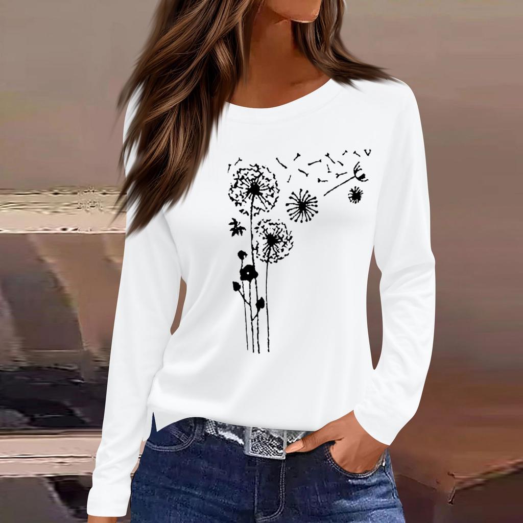 Mote Casual Langermet Trykk Rund Hals Pullover Topp Bluse for Kvinner