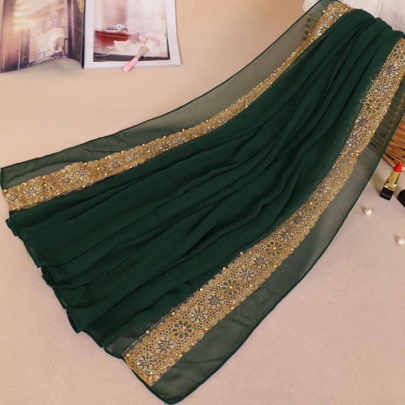 Malay new women's pearl chiffon splicing lace scarf, colored pearl-studded monochrome long scarf YW