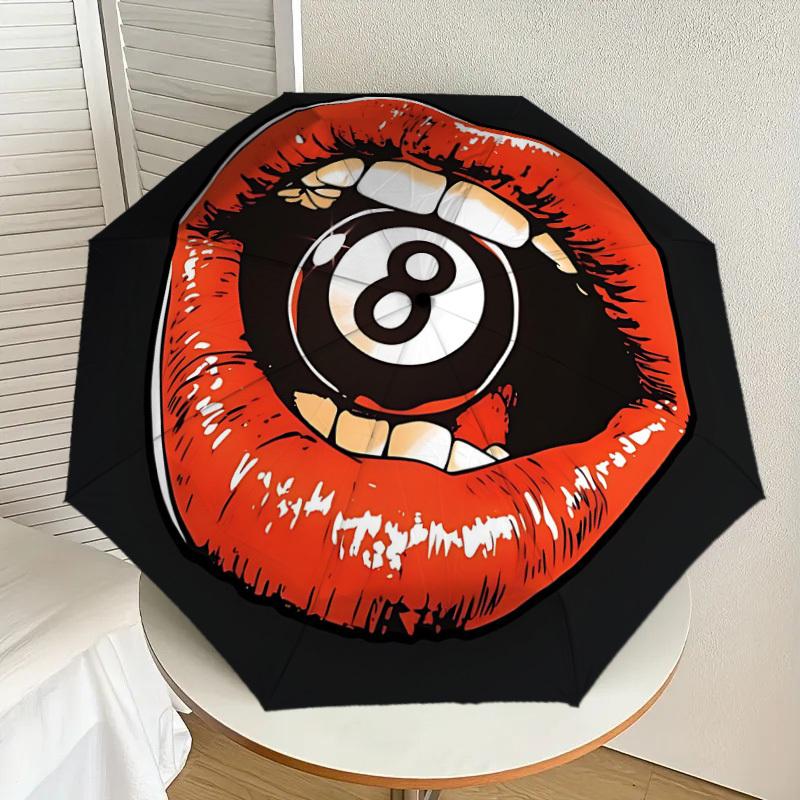 1PC Lips Eight Ball Automatic Folding Umbrella - Compact 8-Rib Design, Durable Plastic & Iron, Lightweight for Outdoor Daily Use, Festive Gift042
