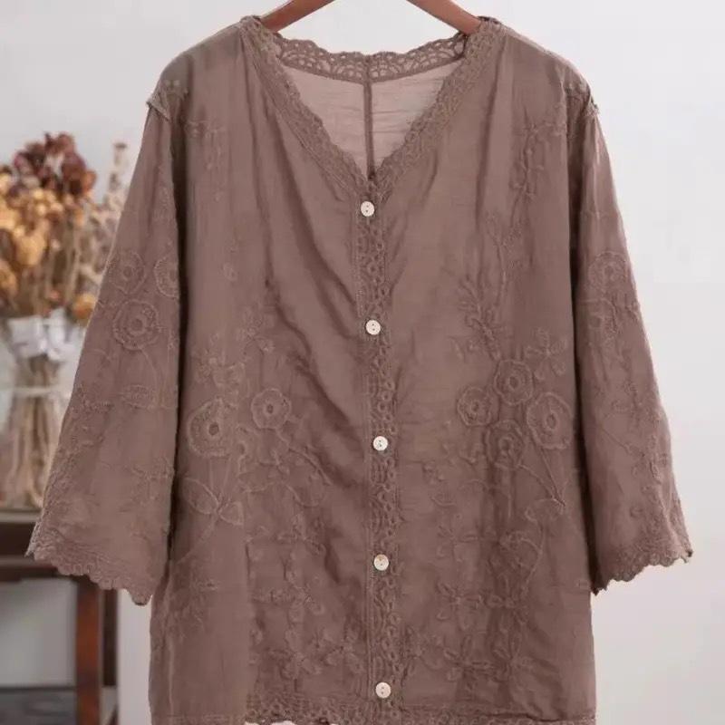 Niche Solid Color Casual Versatile Flower Embroidered Single-breasted Top Summer Thin Literary Shirt