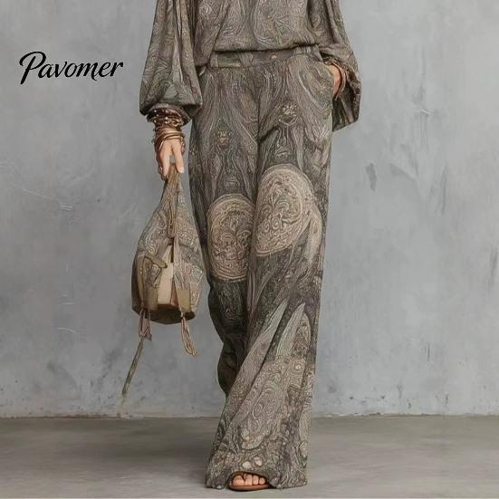 High Waisted Wide Leg Pants Boho Print 2 Piece Sets for Women, Casual Long Sleeve Top Comfortable Loose Fit Clothes Matching Sets, Summer Travel