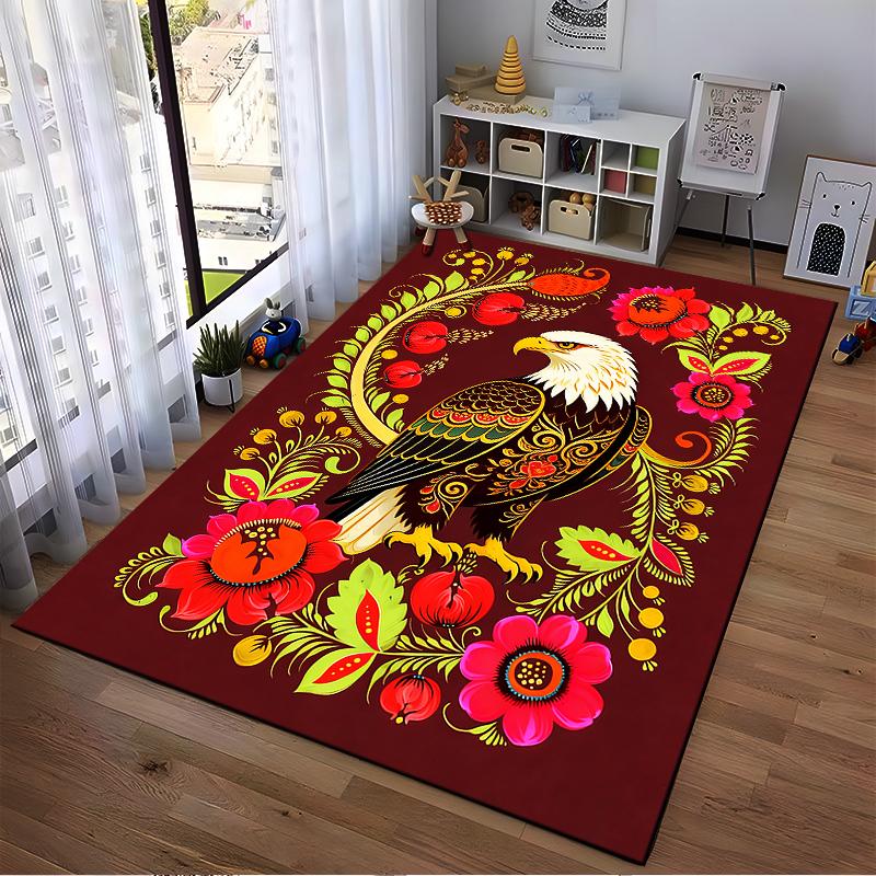 Eagle and Floral Pattern Carpet with Vibrant Red and Colorful Design Suitable for use as an anti-slip for living room bedroom sofas