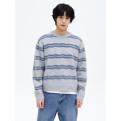 Hairy Stripe Round Knit Light Gray