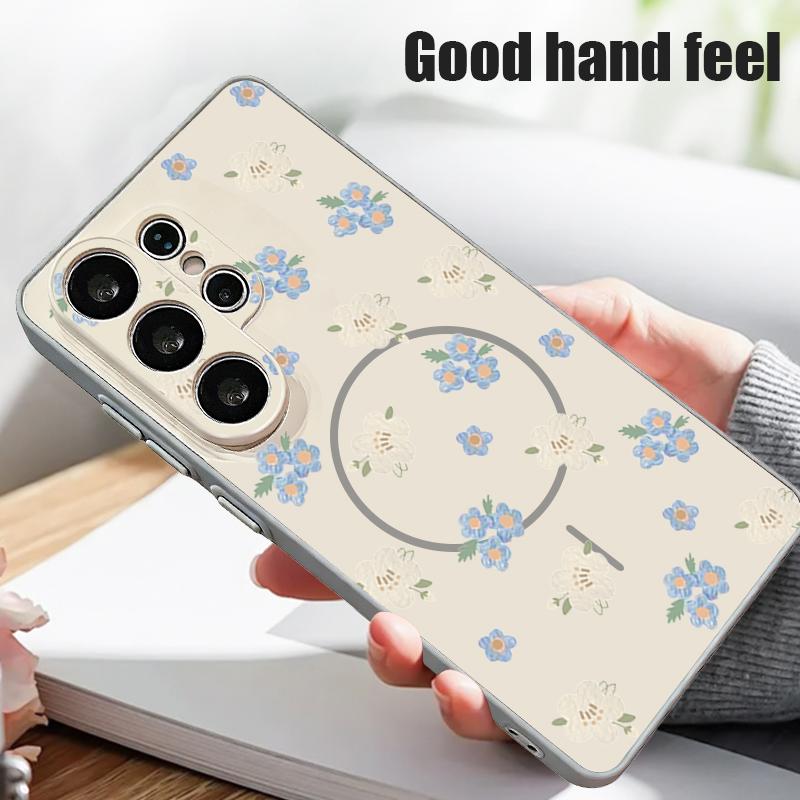 Magnetic For Magsafe Case For Samsung Galaxy S26 Ultra S25 Edge S24 Plus S23 FE S22 A54 A55 A56 5G Blue Flowers Pattern Matte Cover