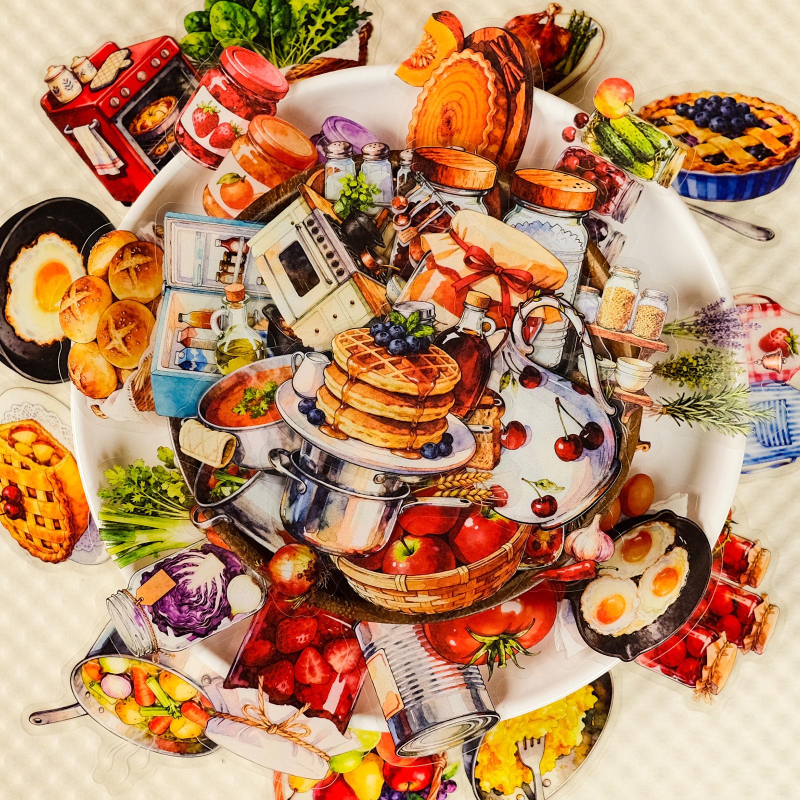 56 Retro Life Style Kitchen Pet Stickers Gourmet Baking Kitchen Utensils Modeling Hand Account Decoration Warm Stickers