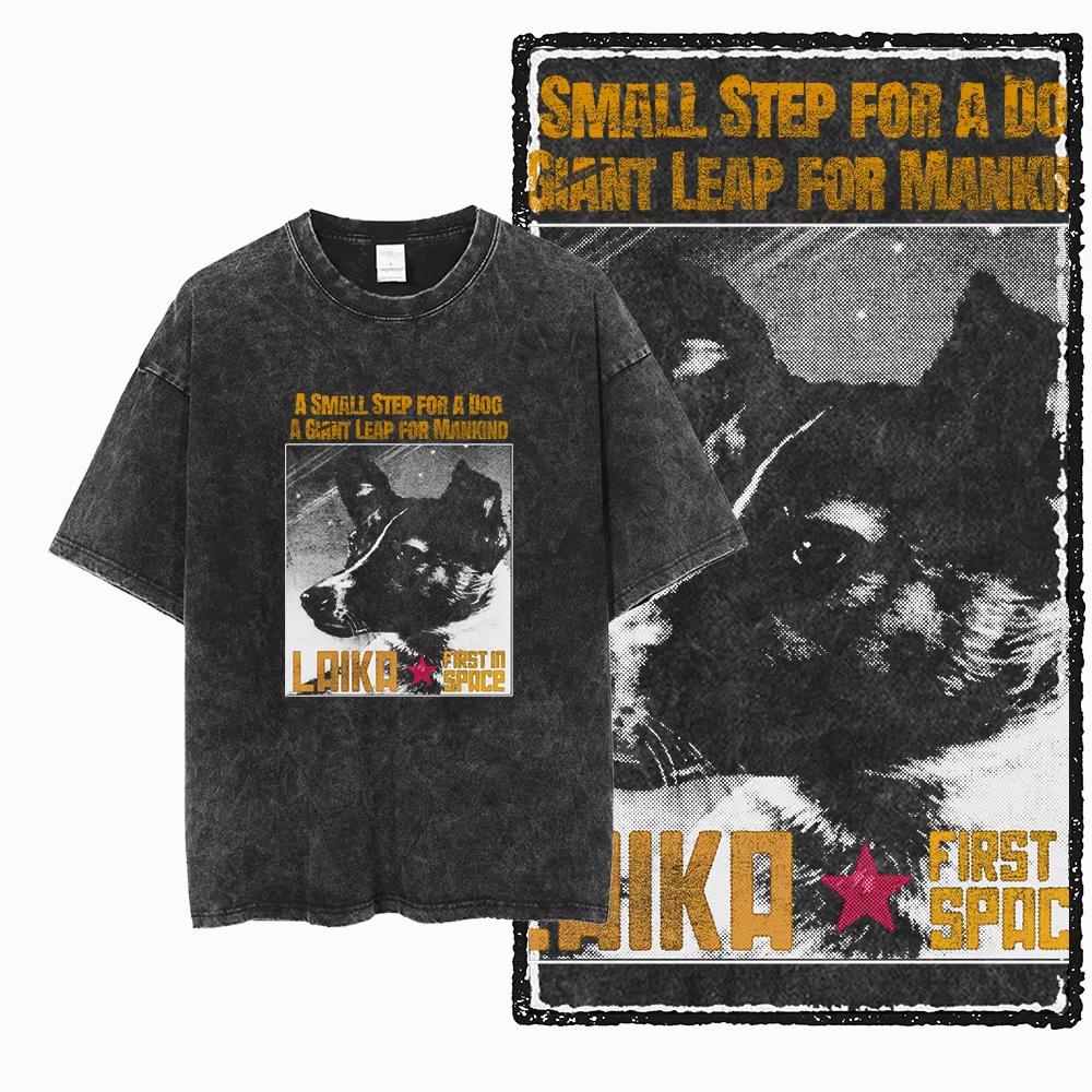DCA LAIKA DOG Printed Acid Washed Cotton Streetwear Exclusive Graphic Unisex T Shirt Cool Vintage Men Daily Oversized Top