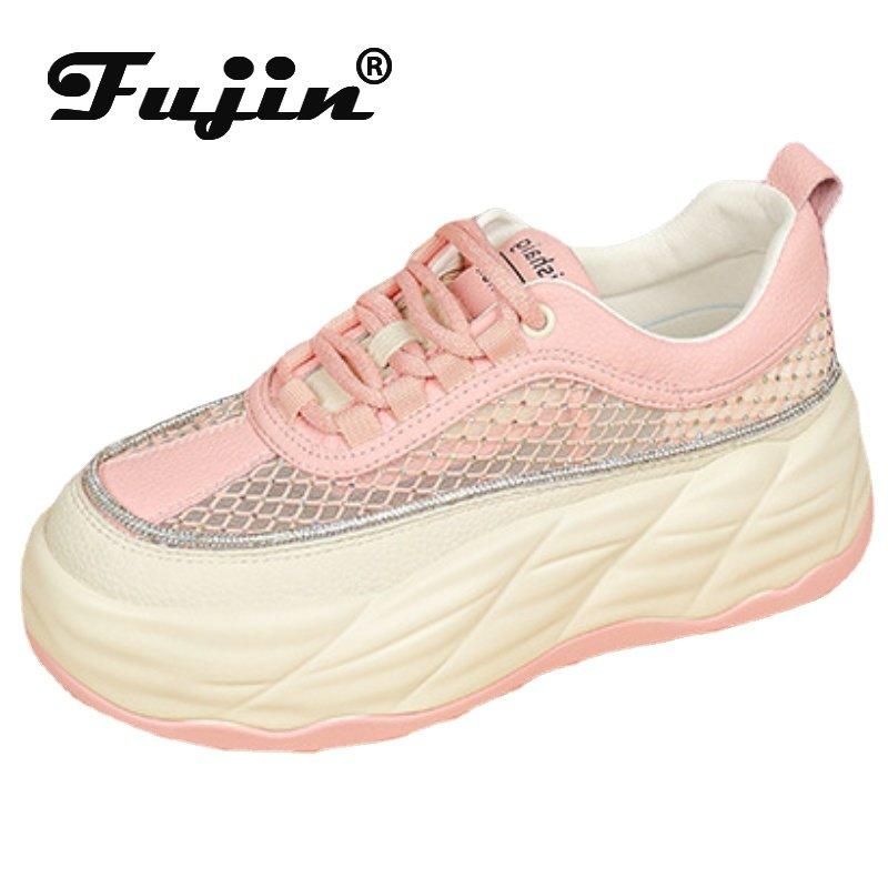 

Fujin 5 см воздушная сетка натуральная кожа коренастые кроссовки дышащие женские повседневные модные женские туфли на платформе на танкетке кроссовки обувь