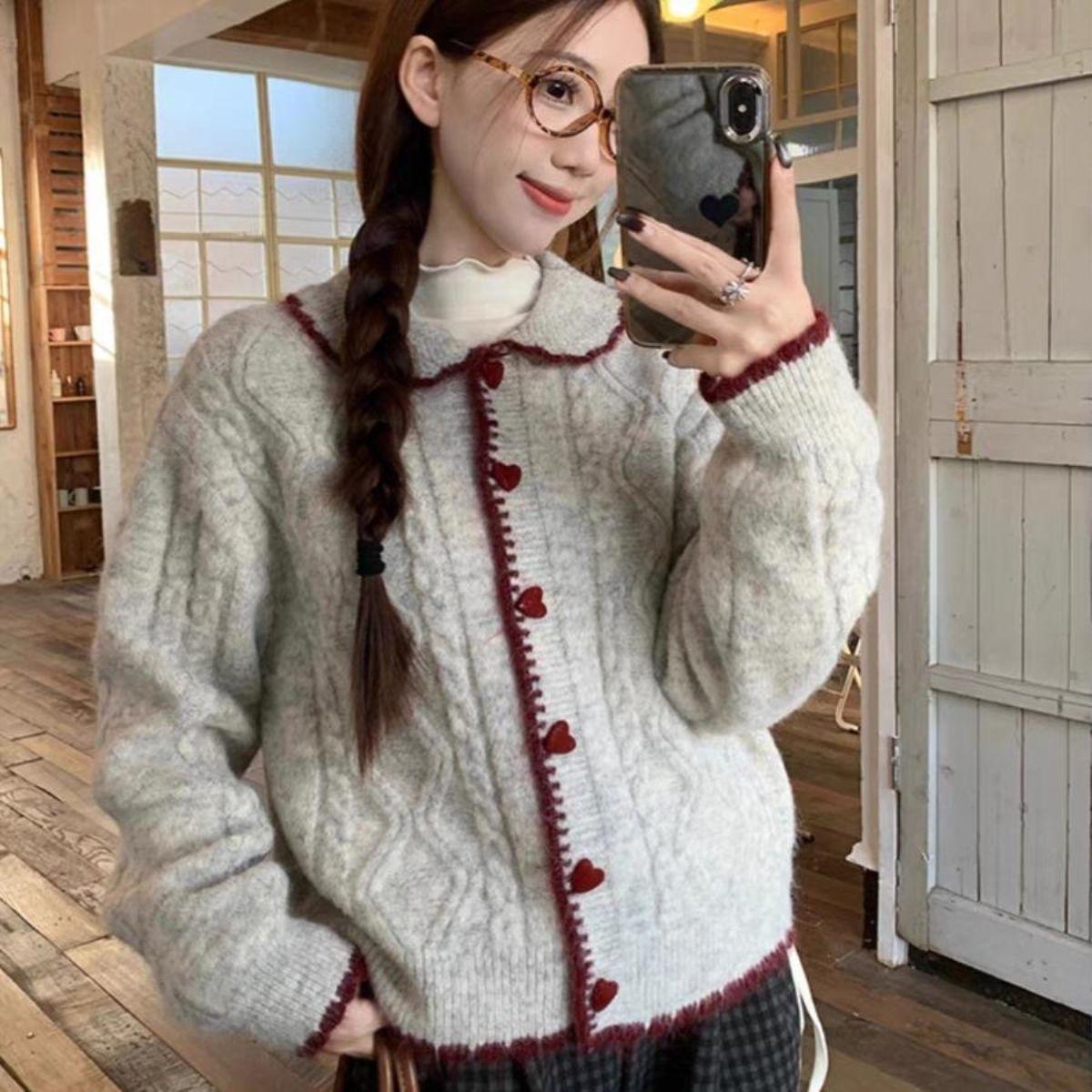 

Autumn Winter Preppy Peter Pan Collar Knitted Cardigan Women Loose Soft Long Sleeve Sweater Coat Casual Outfit One Size сірий колір