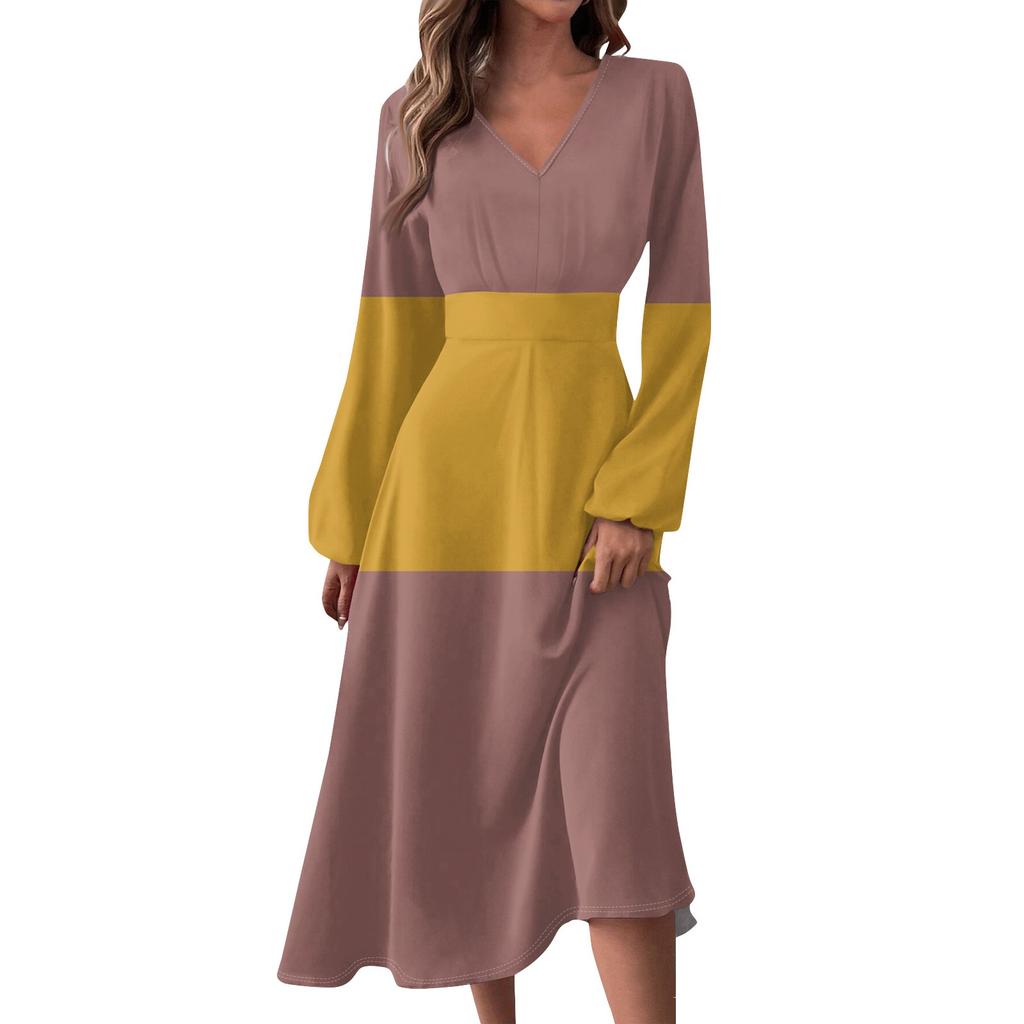 Women's And Winter Casual Fashion V-neck Long Sleeve Print Long Dress