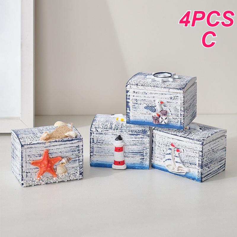 4 pz Scatola portaoggetti in legno mediterraneo Organizzatore per gioielli Piccola scatola in legno dall'Oceano per esposizioni a tema spiaggia Decorazione per la casa