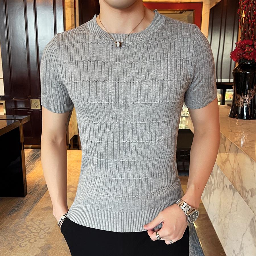 Men's Short-Sleeve Wool Knit Sweater - Spring/Autumn Trendy Lightweight Base Layer Top