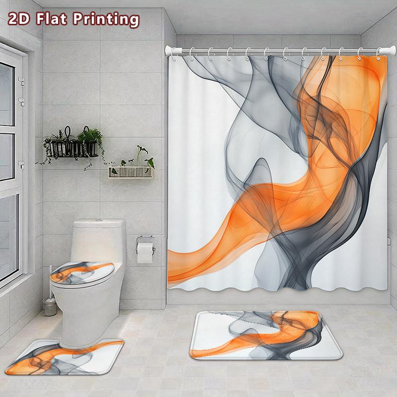 4Pcs Abstract Flowing Smoke Shower Curtain Set with Non-Slip Bath Mat, Toilet Lid Cover, Contour Rug & 12 Hooks, Bathroom Decor