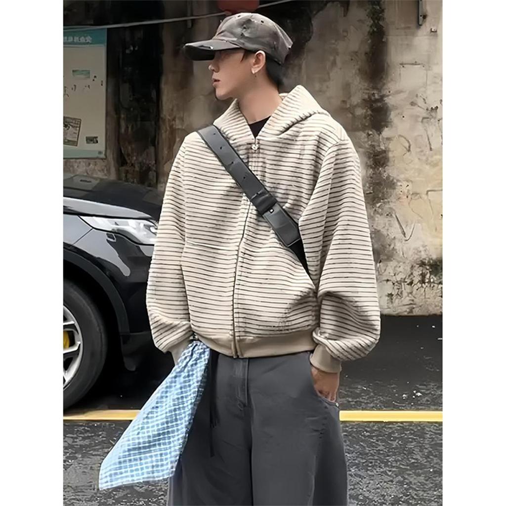 Unisex Retro Bluza z kapturem na zamek w paski Kardigan na wiosnę/jesień - Casualowa, Luźny krój