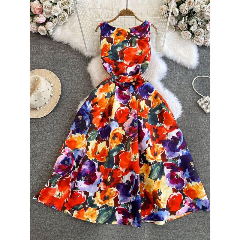 

Accessible Luxury Ladies round Neck A- line Three-Dimensional Dress Dress Red flower on blue background M