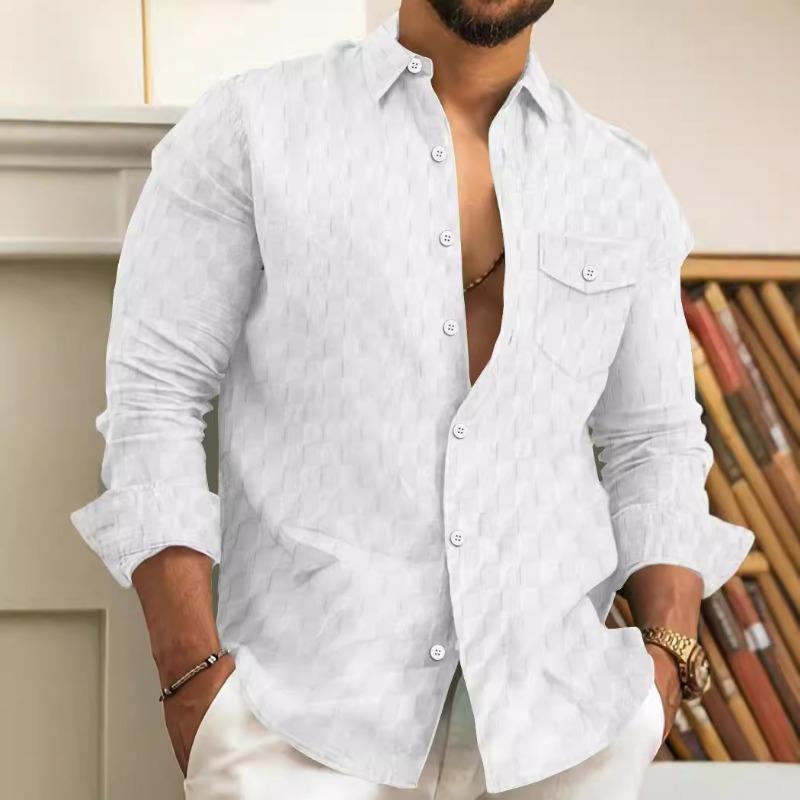 

Men Black Textured Long Sleeve Button Down Shirt with Chest Pocket S белый